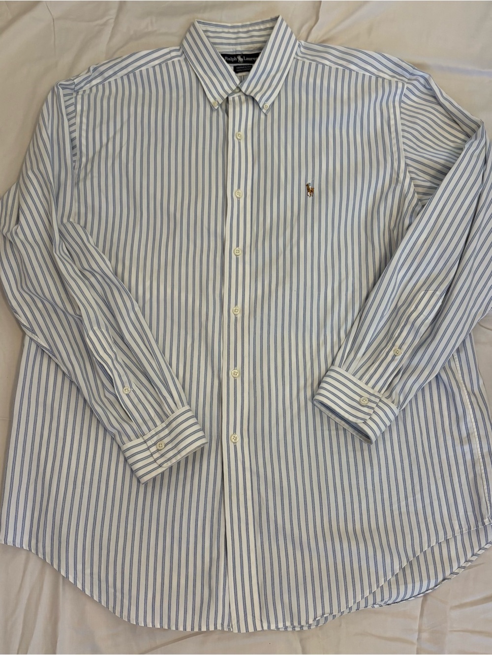 Ralph Lauren Yarmouth Blue White Striped Cotton Logo Dress Shirt 16.5/ 35